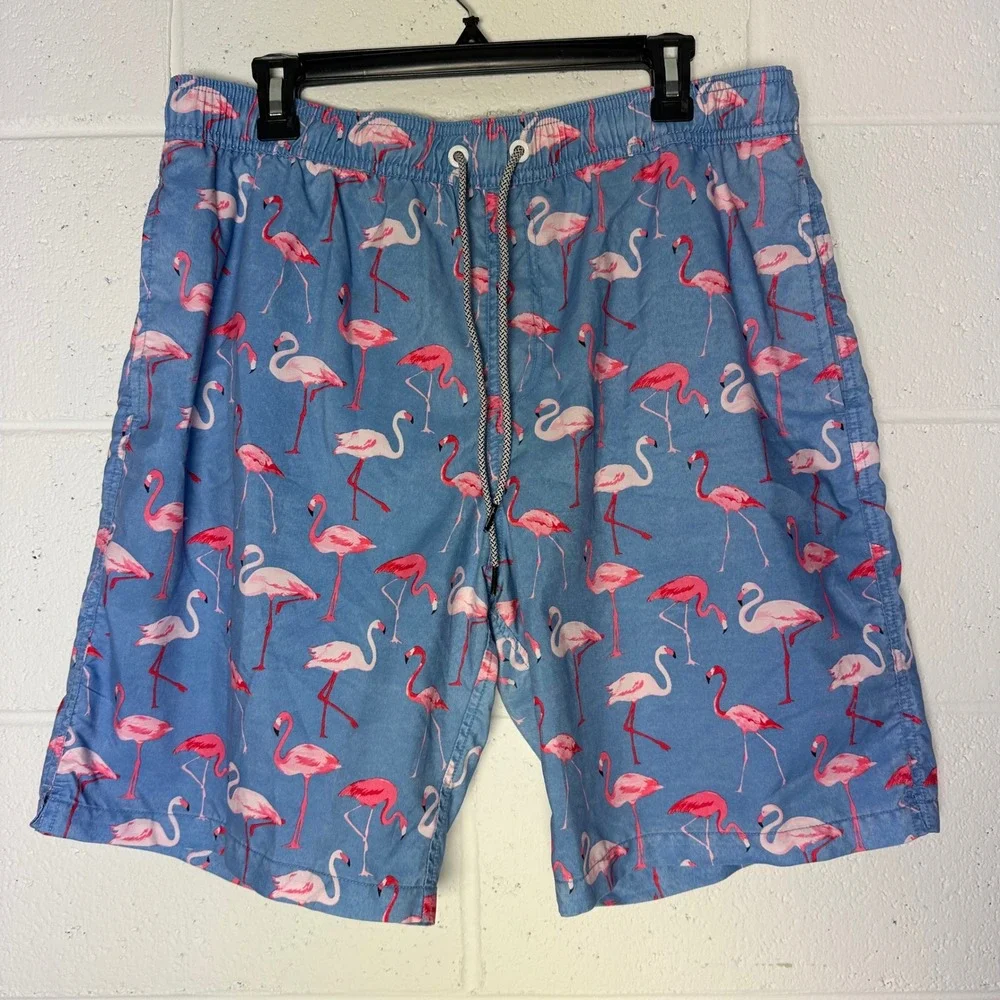 Maamgic Flamingo Print Swim‎ Trunks with Pockets - Blue, XL